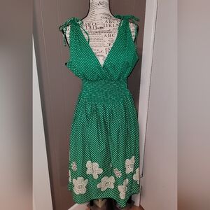 My Michelle Fit & Flare Y2K Dress Sz L Green Polka Dot Floral Retro Cottagecore